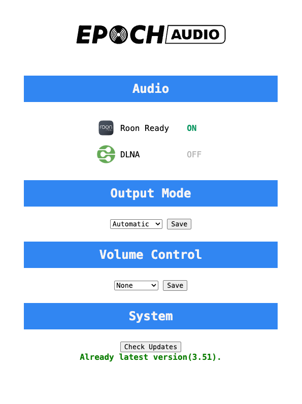 Canon 设置页面全貌，包含 Audio 区的 Roon Ready 与 DLNA 开关、Output Mode、Volume Control 下拉框，以及 System 区的检查更新按钮