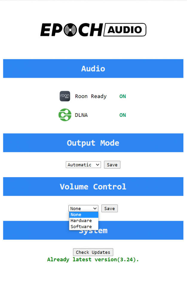 Canon 设置页 Volume Control 下拉框展开，可选项依次为 None、Hardware 和 Software