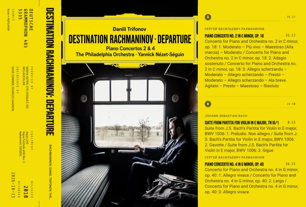Daniil Trifonov《Destination Rachmaninov · Departure》:借鉴 DG 黄标风格的 AI 全幅封面。曲目页和内折页仍由带藏按古典作品排版。